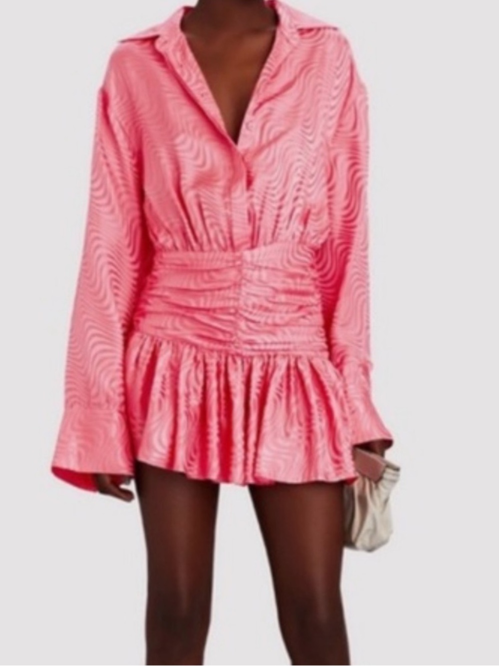 Ronny Kobo Collection Coral Pink Ruched Mini Skirt with Flounce Hem